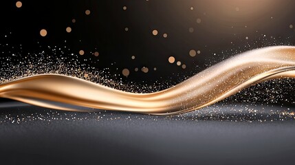 A shimmering gold ribbon flows across a dark, textured surface, adorned with scattered golden glitter and bokeh lights.