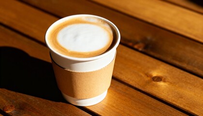 Aromatic latte in a disposable cup sits on a warm wooden surface, bathed in bright sunlight, evoking comfort and cafe culture