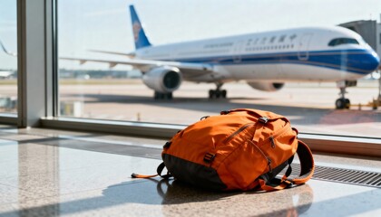 Bright orange backpack rests near airport window with airplane and jet bridge visible outside
