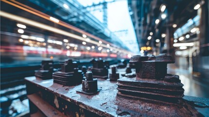 locomotive. Railroad track joints at station with motion blur of passing train and industrial lighting. mobility guides, transit brochures, designed for transport & logistics marketing.
