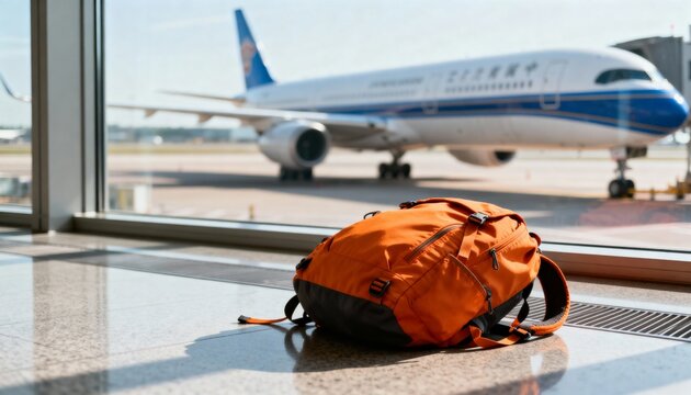 Bright orange backpack rests near airport window with airplane and jet bridge visible outside