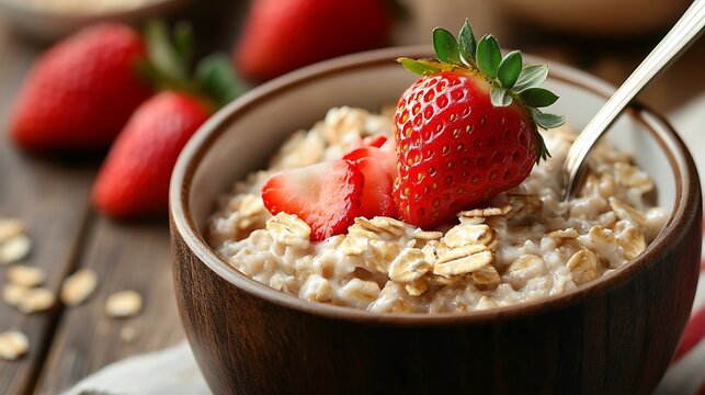 Spoon holds single strawberry above bowl of oatmeal