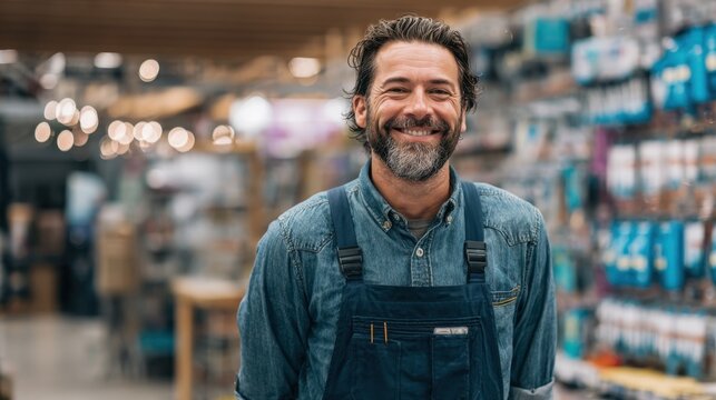 A smiling man dressed in a denim shirt and overalls stands in a lively hardware store. Shelves are stocked with various tools and supplies. His friendly demeanor adds to the welcoming atmosphere.