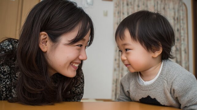 A mother and her toddler share a playful moment at home, smiling and gazing into each other's eyes in a warm and loving atmosphere. This scene captures the joy of family bonding.