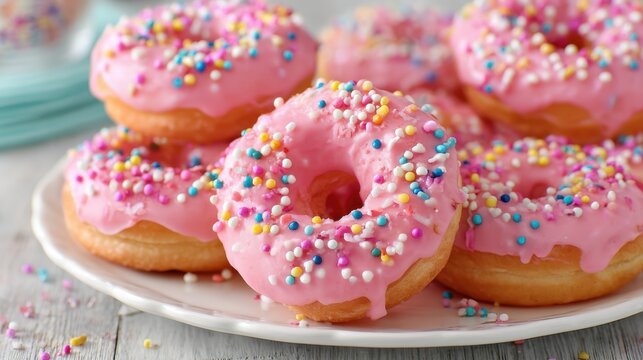 Delicious pink frosted donuts are piled high on a white plate, covered in colorful sprinkles. Perfect for a birthday party or any festive gathering.