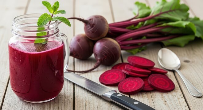 Fresh beetroot juice in glass jar with mint and beetroot slices on wooden table - Powered by Adobe