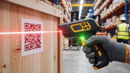 Worker Scanning Barcode on Wooden Crate in Warehouse With Laser Gun - Powered by Adobe