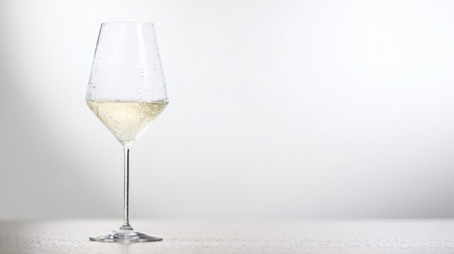 stemware. Elegant white wine glass placed simply on a clean table, capturing refined sophistication. bar promotions, beverage menus, designed for food & beverage menus and cafe branding.