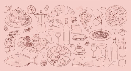 Hand drawn sketch collection of gourmet food and drink line art on pink background for menu design