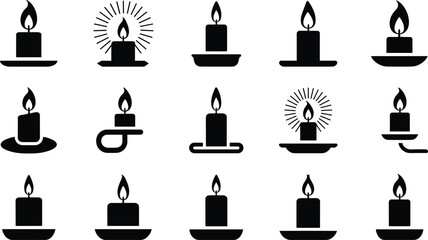Black candle icons collection, burning flame silhouettes, minimalist wax candle symbols, spiritual light elements, decorative vector candle set for graphic design