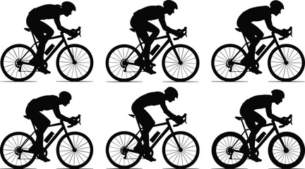 Cyclist Silhouette Set, Road Bike Racing Icons, Bicycle Rider Vector, Sport Fitness Collection, Man Riding Cycles