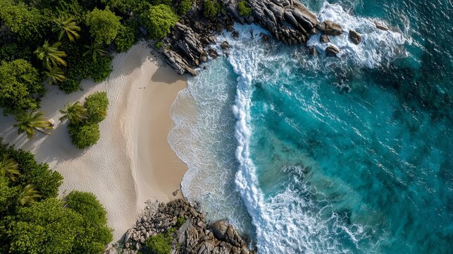 Aerial view of secluded sandy beach with turquoise ocean waves and peaceful coastline idyllic tropical summer travel and vacation background - Powered by Adobe