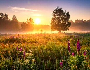 Field of purple flowers, misty air, and bright morning sunlight