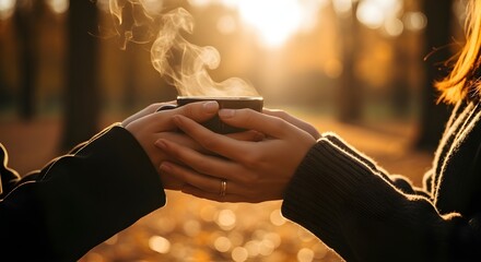 Sunlit silhouettes of hands holding a warm cup against a blurred outdoor autumn park, emphasizing shared human moment