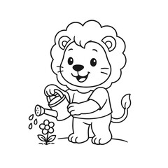 Fototapeta premium Cute cartoon lion watering a flower, line art for coloring