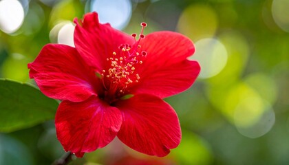 Vibrant Red Hibiscus Flower Blooming in Garden with Bokeh Background