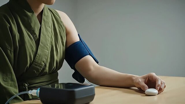 Person measuring blood pressure at home with digital device.