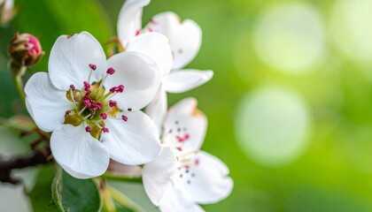 Fototapeta premium Delicate white apple blossom flowers blooming in spring with soft green bokeh background, close-up of beautiful floral nature.