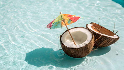 Two halves of a coconut with a colorful cocktail umbrella in the water tropical fruit