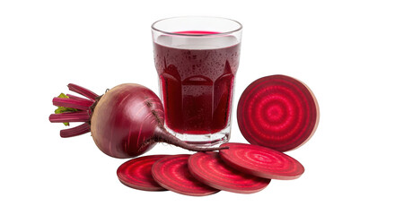 Fresh beetroot juice in a glass with whole and sliced beets isolated on transparent background for healthy eating and detoxing