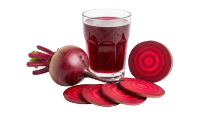 Fresh beetroot juice in a glass with whole and sliced beets isolated on transparent background for healthy eating and detoxing