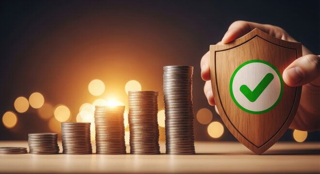 Hand holding a wooden shield with a green checkmark, symbolizing protection over stacked coins representing financial growth