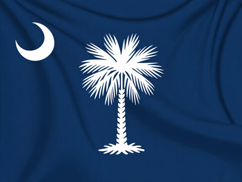 The flag of South Carolina, featuring a white palmetto tree and crescent moon on a dark blue background, with a waving fabric texture.