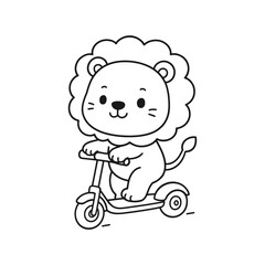 Fototapeta premium Cute lion cartoon riding a scooter, fun illustration for kids