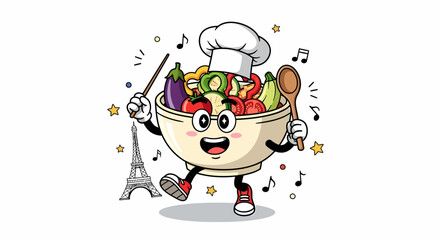 Cartoon Vegetable Bowl Chef Conducting a Musical Symphony.