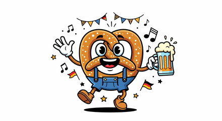 Cartoon Pretzel Character Celebrating Oktoberfest with Beer.