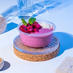 Vibrant pink smoothie bowl topped with fresh berries and mint