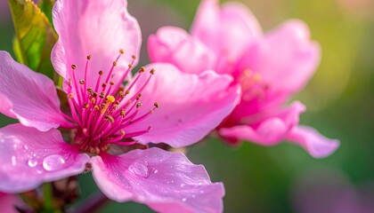 Close-up of vibrant pink peach blossoms with delicate water drops, symbolizing spring, new beginnings, and natural beauty.