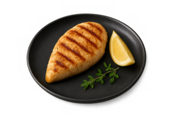 Grilled chicken breast fillet on black plate with lemon and fresh herbs, healthy dinner meal on transparent background