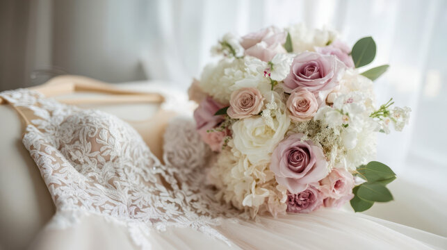An elegant wedding dress with lace details and a bouquet of pastel roses, romantic wedding preparation in soft natural light