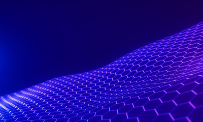 Digital abstract blue background with metallic techno pattern of light halftone dots and dark curves