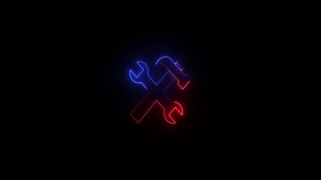 Neon outline of a hammer and wrench crossed against a black background representing tools and repair services