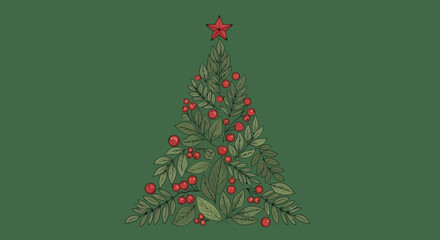 Festive Evergreen Tree Illustration with Red Berries and Star Ornament on Green Background