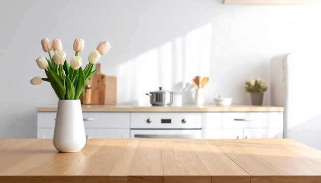 Elegant Kitchen Interior with Tulips and Wooden Countertop. - Powered by Adobe