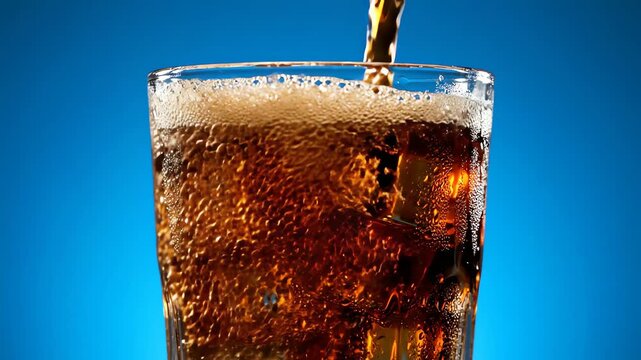 Fizzy Cola Soda Cold Beverage Drink Pouring into a Faceted Glass, Set Against a Colored Blue Background, Vibrant and Refreshing.