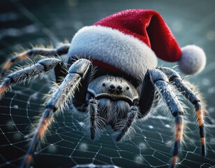 High Quality Close-Up of Spider Weaving Its Web in a Santa Hat