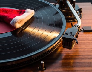Close-Up of a Vinyl Record Playing on a Turntable with Santa Hat
