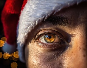Close-Up of Human Eye in Santa Hat with Festive Bokeh Background