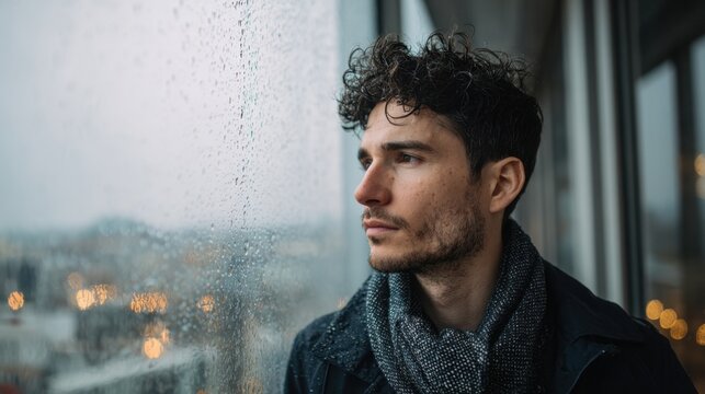 A young man with curly hair looks pensively out of a window on a rainy day. The city skyline is visible through the droplets on the glass, creating a reflective mood.