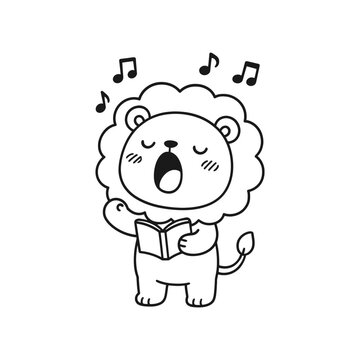 Cartoon lion singing with music notes