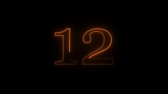 Glowing orange neon number twelve illuminated against a deep black background representing a countdown or a significant date