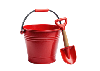 Red bucket with handle and matching shovel. Isolated on transparent background