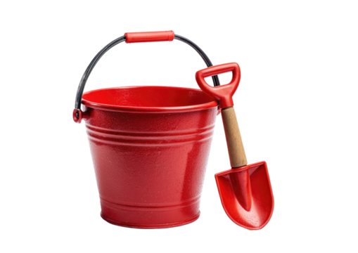 Red bucket with handle and matching shovel. Isolated on transparent background - Powered by Adobe