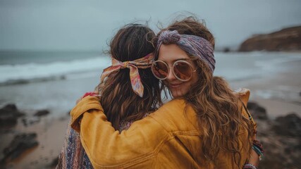 Women friends share a warm hug at the beach during a cloudy day by the ocean, celebrating their friendship in a picturesque outdoor setting