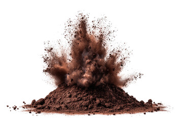 Powder explosion bursts upwards from a brown pile against a stark black background