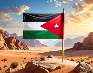 Jordanian flag waving proudly in a desert landscape with dramatic rock formations
